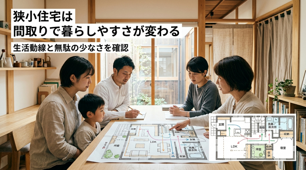 狭小住宅の間取りと生活動線を確認するイメージ