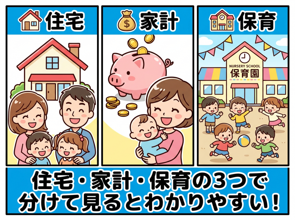 京都市の子育て世帯向け制度を住宅と家計と保育で分けて考えるイメージ
