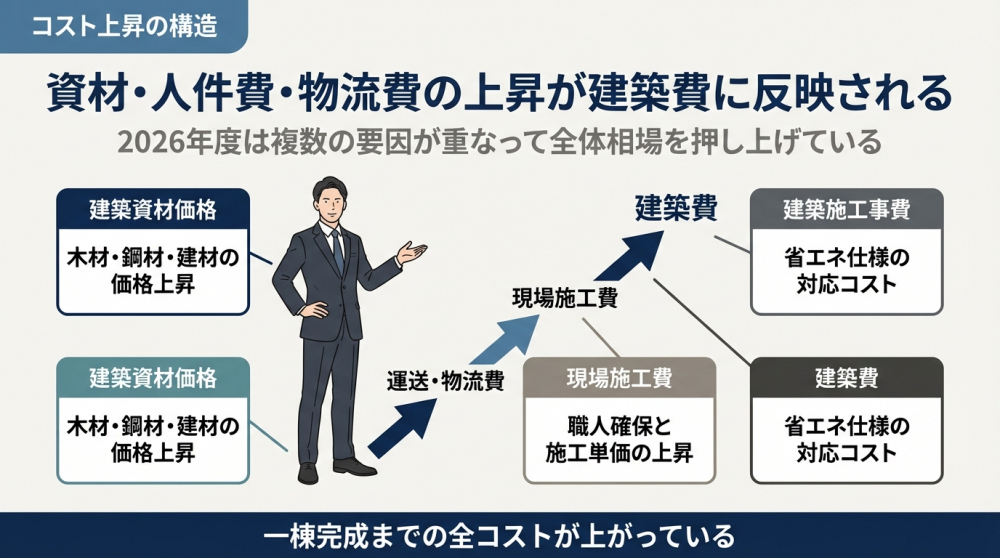 資材や人件費や物流費の上昇が建築費に反映されるイメージ