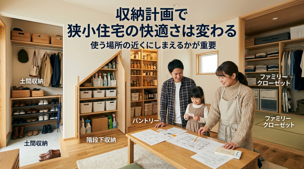 狭小住宅の収納計画を確認するイメージ