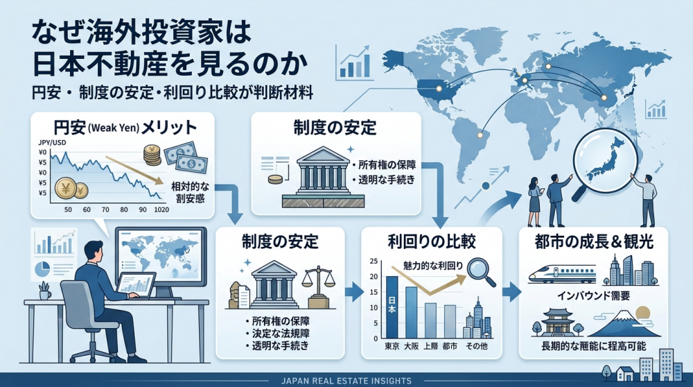円安と海外投資家の日本不動産投資を説明するイメージ