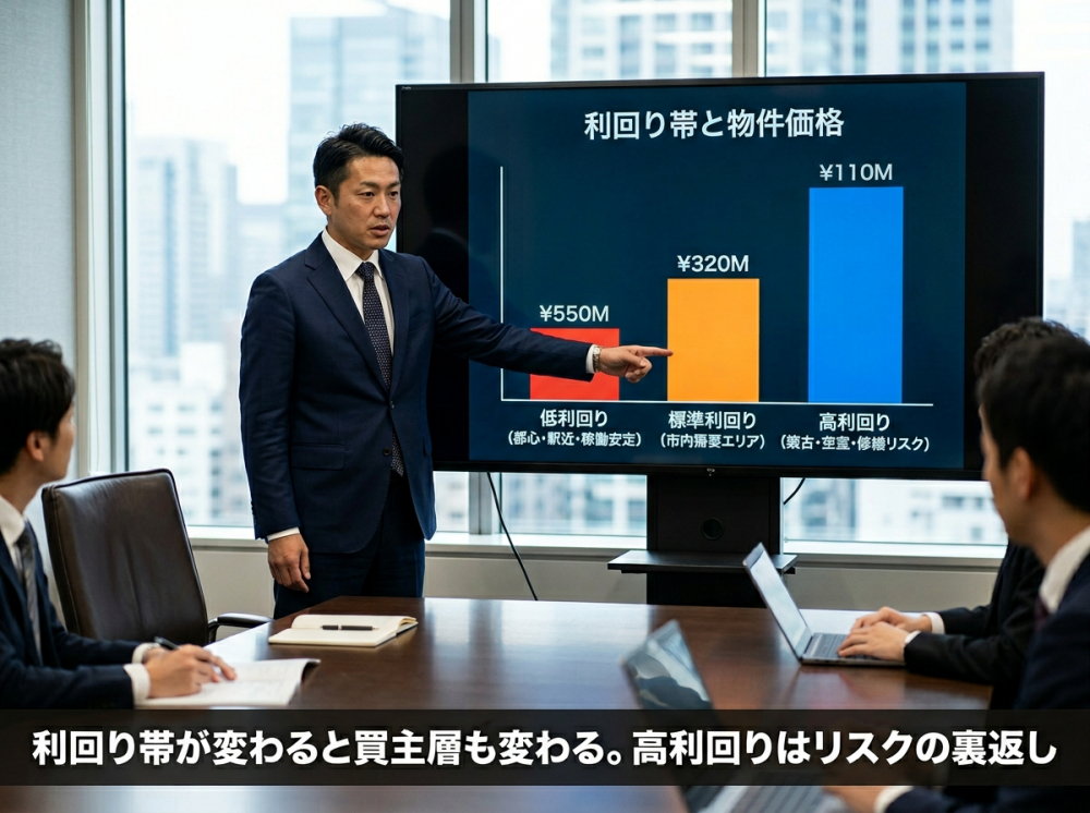 利回り帯ごとに一棟マンションの評価が変わるイメージ