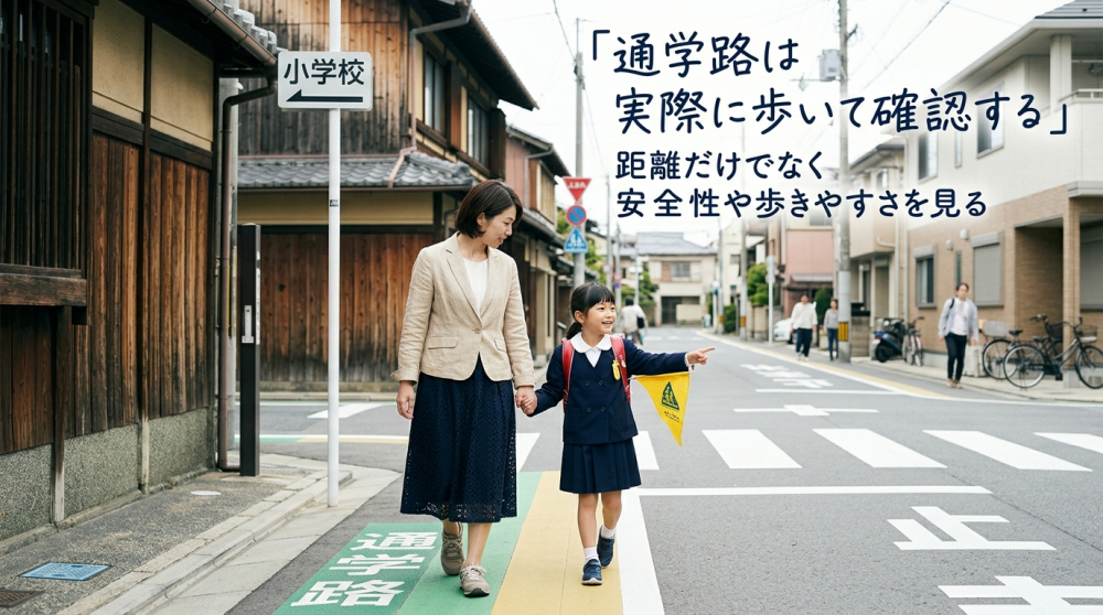 京都市内の通学路を親子で確認するイメージ