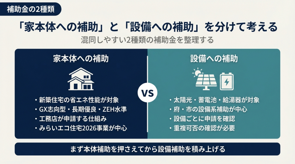 新築本体補助と設備補助を分けて考える家づくりのイメージ