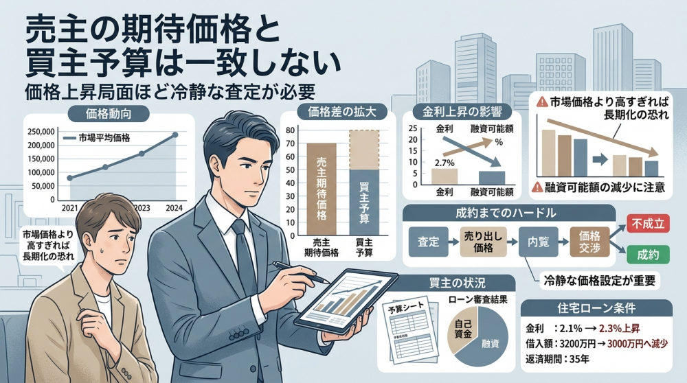 売主の希望価格と買主の購入価格のズレを確認するイメージ