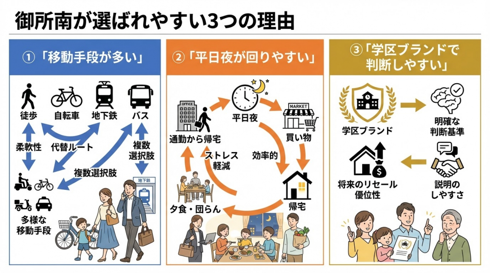 御所南小学校区が選ばれやすい理由（図解イメージ）