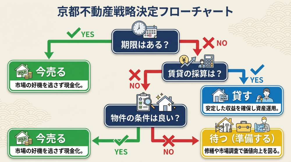 京都不動産の売却タイミング判断フロー（売る・待つ・貸す）