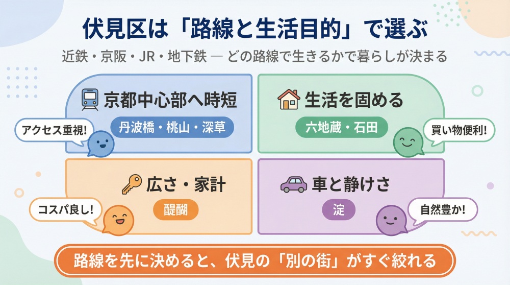 伏見区は路線と生活目的で選ぶ（通勤・生活・広さ・車）