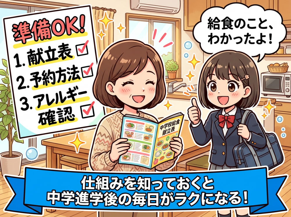 中学校進学前に給食の仕組みを確認する保護者のイメージ