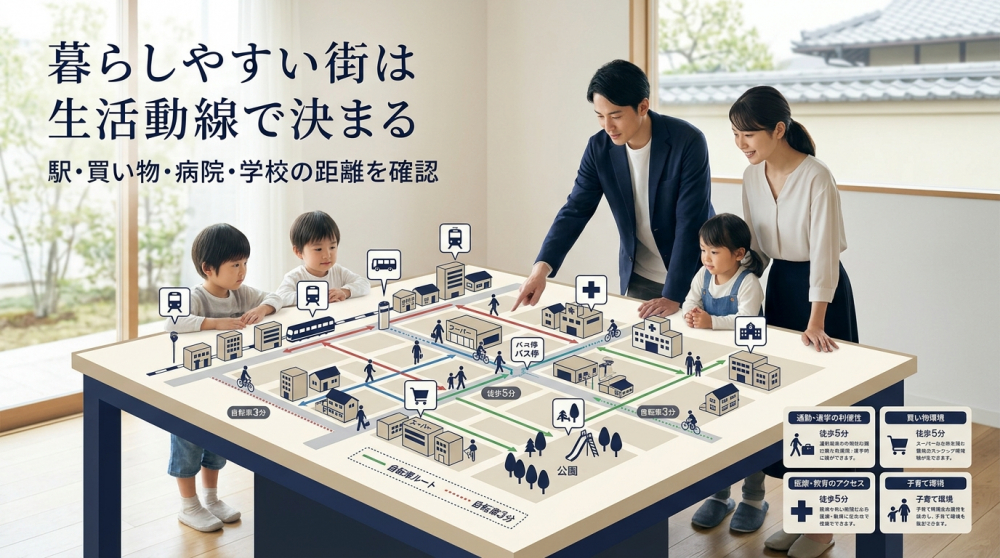 京都市内の生活動線を確認する家族のイメージ