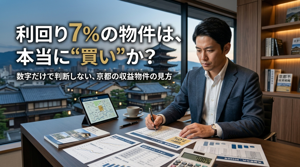 利回り7パーセントの収益物件を検討する不動産投資家のイメージ画像