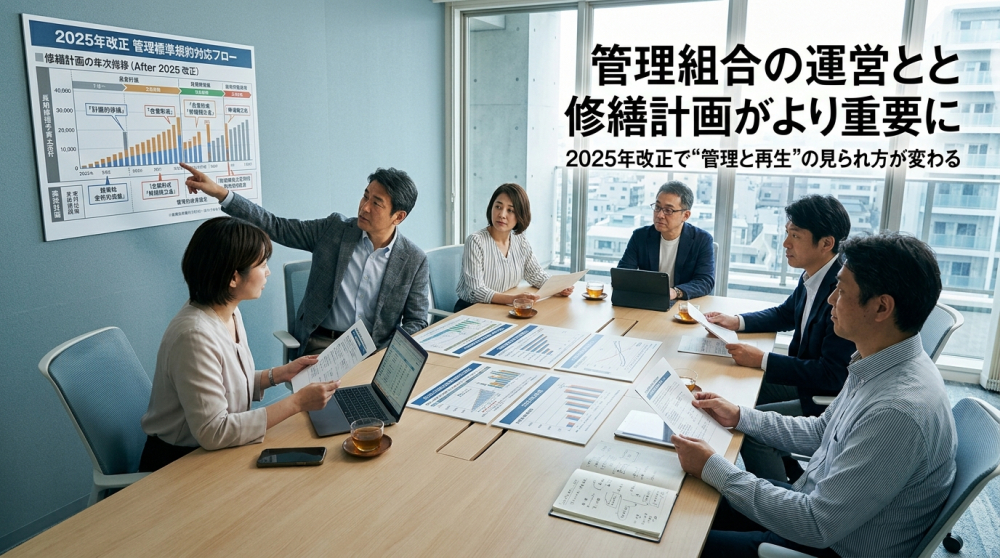 マンション管理組合と修繕計画を確認するイメージ