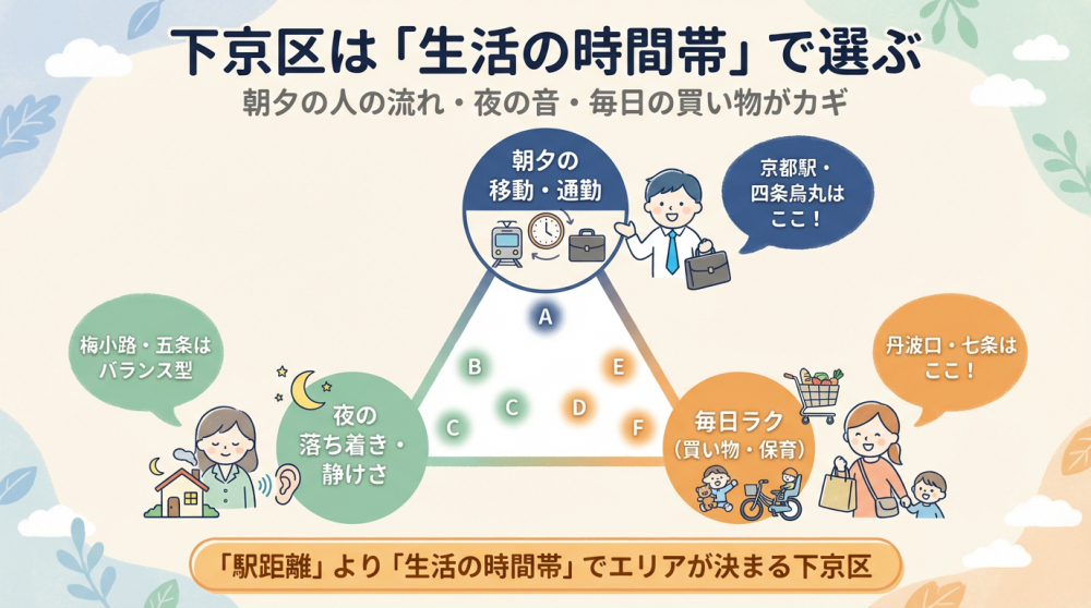 下京区は生活時間帯で選ぶ（朝夕・夜・観光）