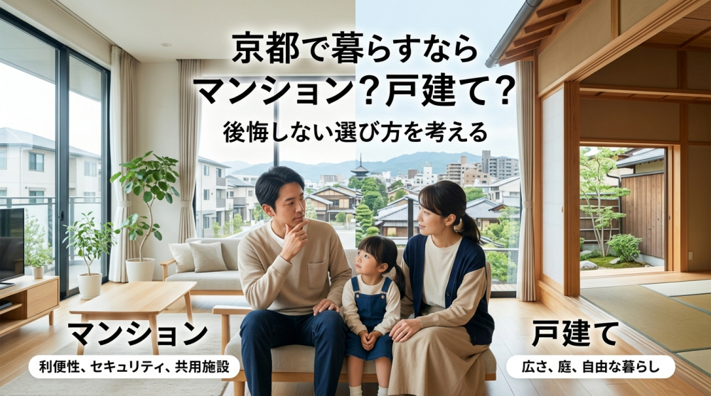 京都でマンションと戸建てのどちらを選ぶか考える家族のイメージ
