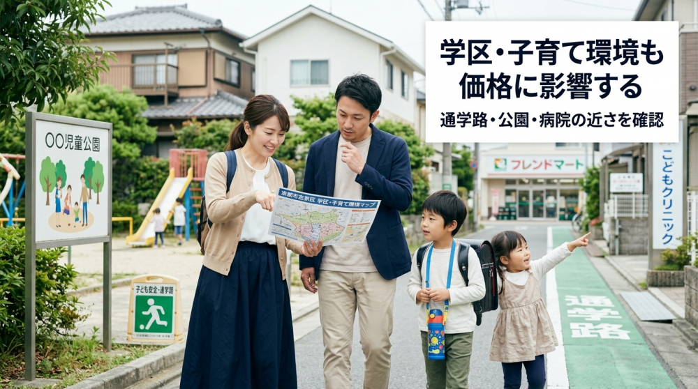 京都で学区と子育て環境を確認する家族のイメージ