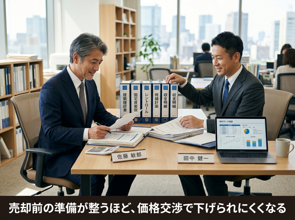 売却前準備として資料や数値を整理するイメージ