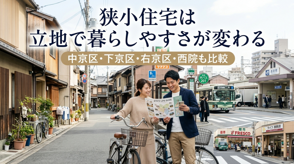 京都市中心部の狭小住宅と生活動線を確認するイメージ