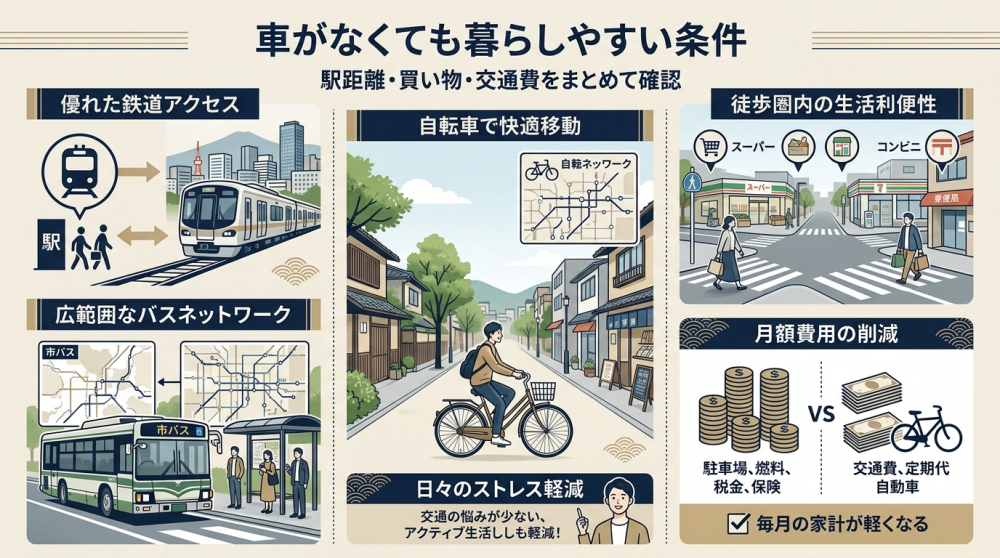 京都市内をバスと自転車で移動する暮らしのイメージ