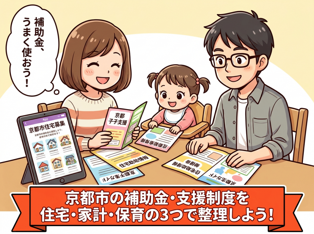 京都市の子育て世帯向け補助金や支援制度を整理するイメージ