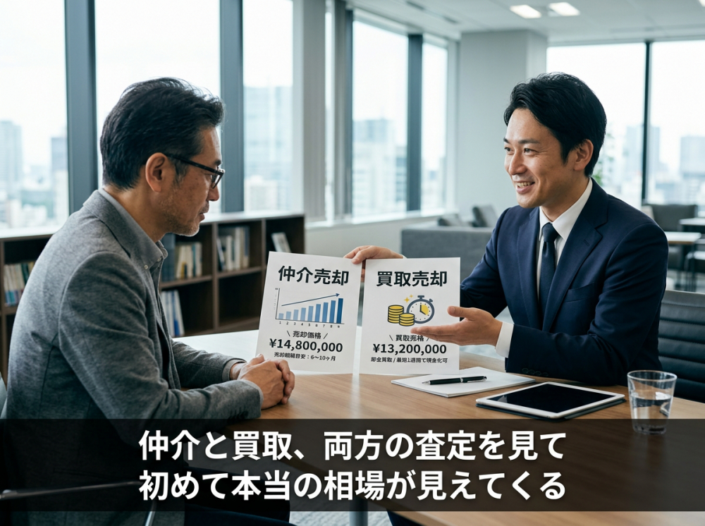 仲介査定と買取査定を比較するオーナーのイメージ