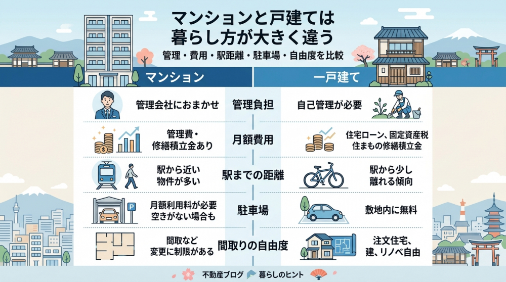 京都のマンションと戸建ての違いを比較するイメージ
