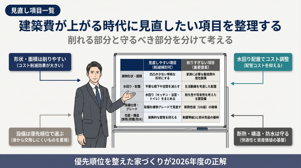 建築費が上がる時代に見直したい項目を比較するイメージ