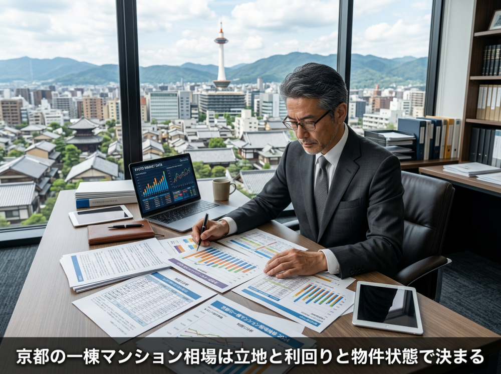 京都の一棟マンション売却相場を調べる投資家のイメージ