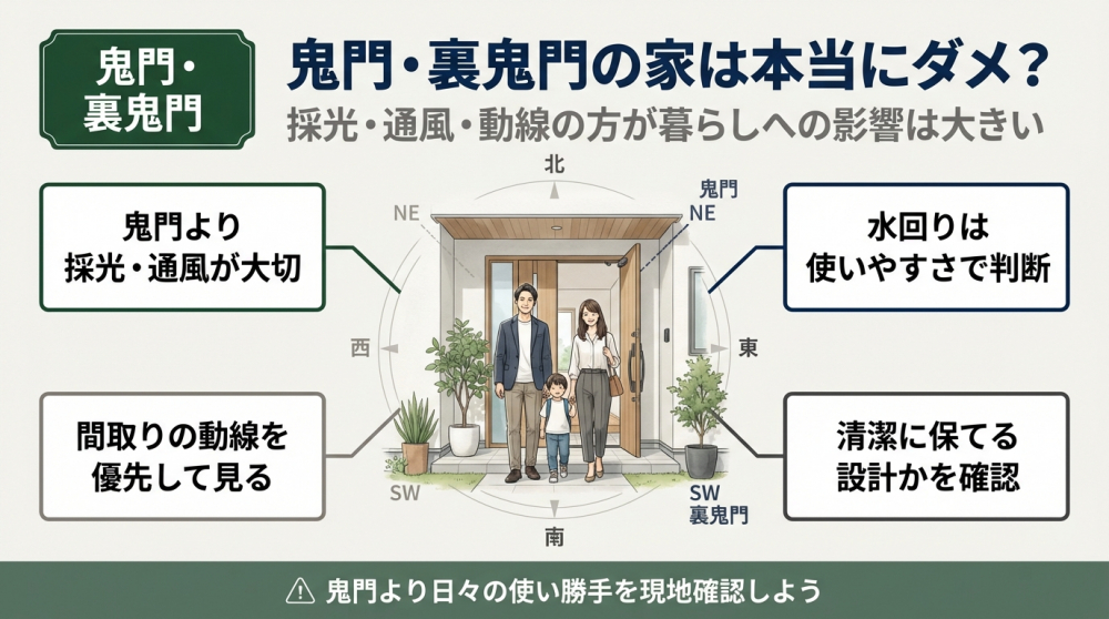 鬼門や裏鬼門の家は本当に問題なのかを考えるイメージ