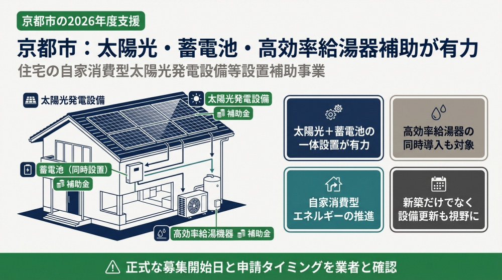 京都市の太陽光発電と蓄電池と給湯器補助をイメージした住宅設備画像