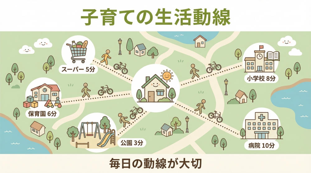 子育ての生活動線（スーパー・学校・公園）イメージ