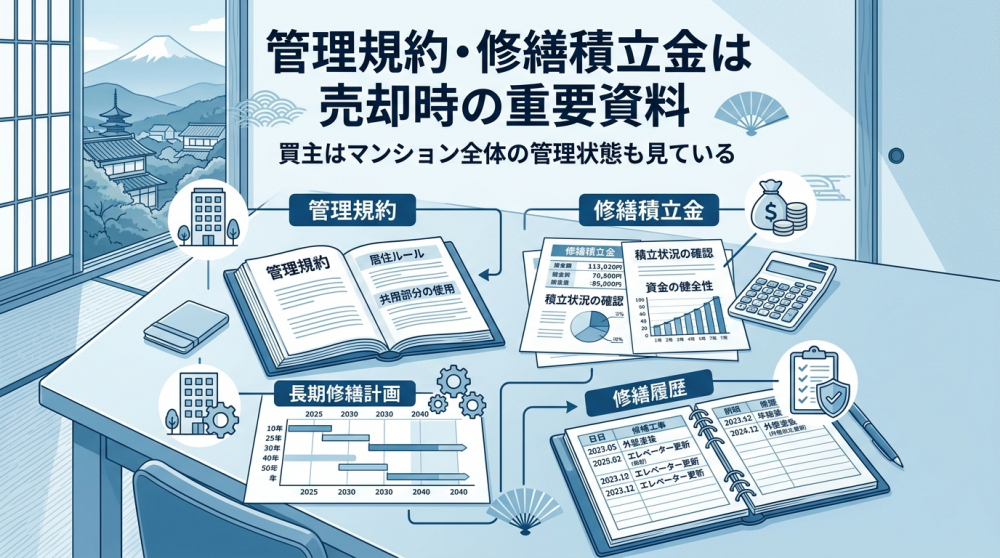 マンション管理規約と修繕積立金の資料を確認するイメージ