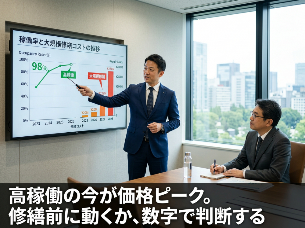 一棟マンションの稼働率や修繕時期から価格ピークを判断するイメージ