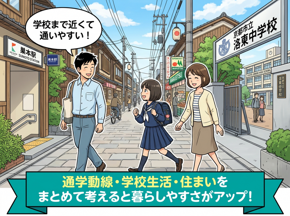住まい選びと中学校生活の動線を一緒に考える子育て世帯のイメージ