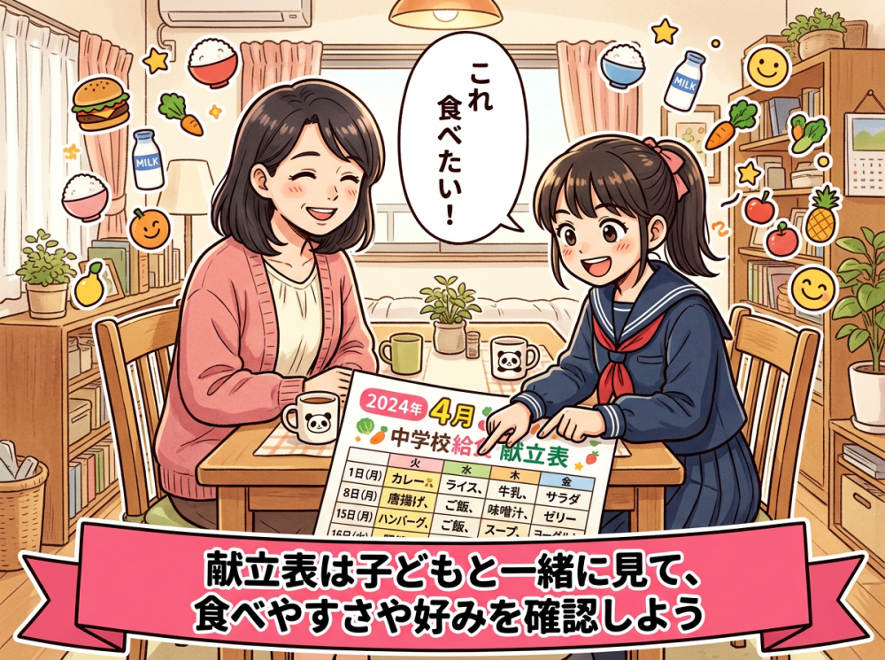 中学校給食の献立表を見ながら子どもと話す家庭のイメージ