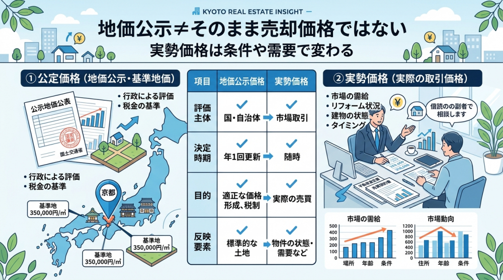地価公示と実勢価格の違いを説明するイメージ