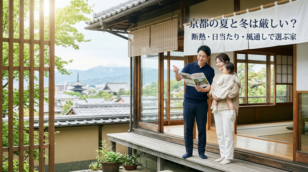 京都の夏と冬を考えて家選びをする家族のイメージ