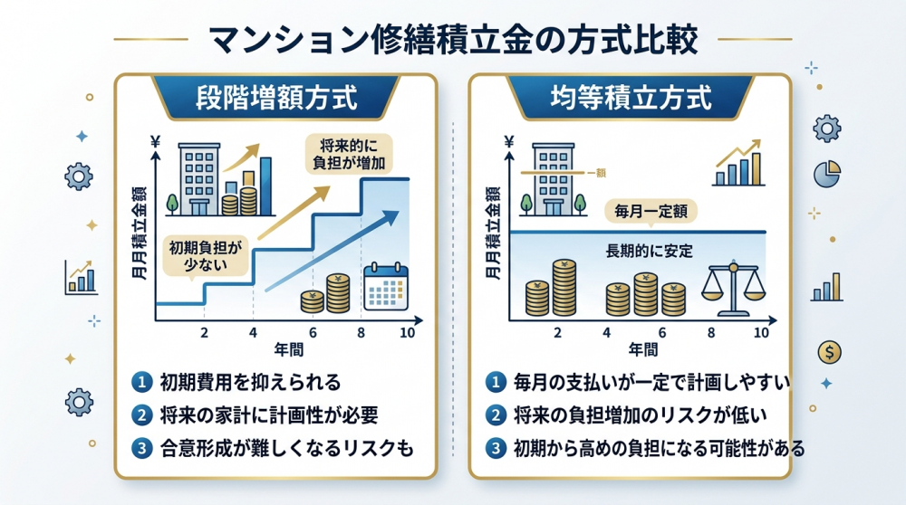 段階増額方式と均等積立方式の比較イメージ