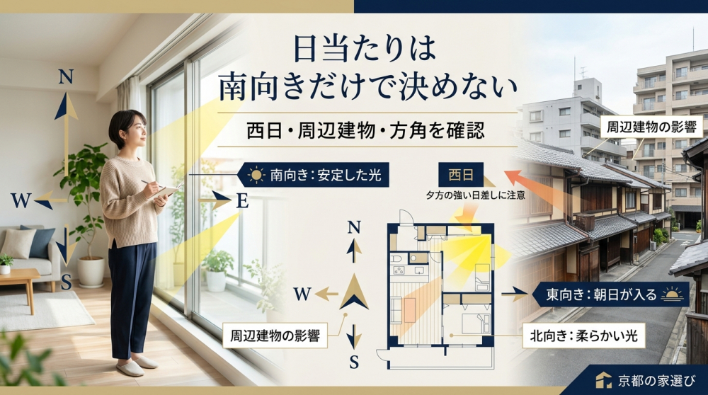 日当たりと方角を確認しながら京都の家を選ぶイメージ