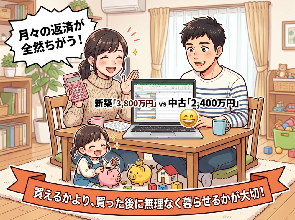 住宅価格と毎月の家計負担を考える子育て世帯のイメージ