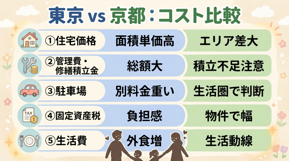 東京と京都の住んでからのコスト比較図解
