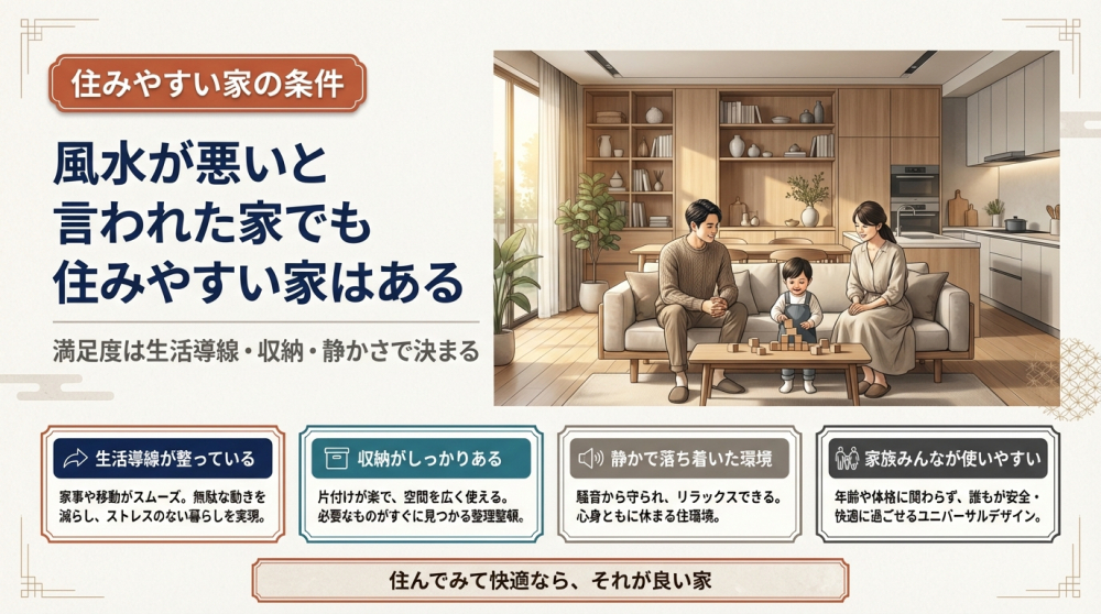 風水が悪いと言われた家でも住みやすい家はあるというイメージ