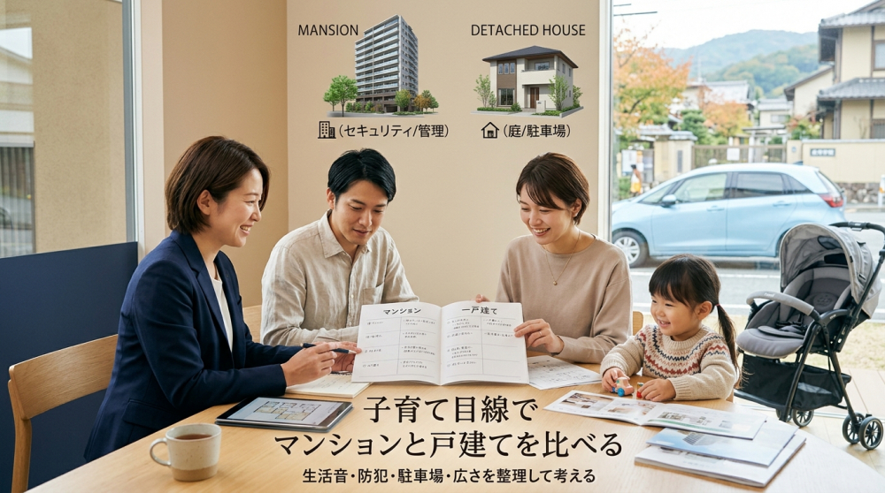子育て世帯がマンションと戸建てを比較するイメージ
