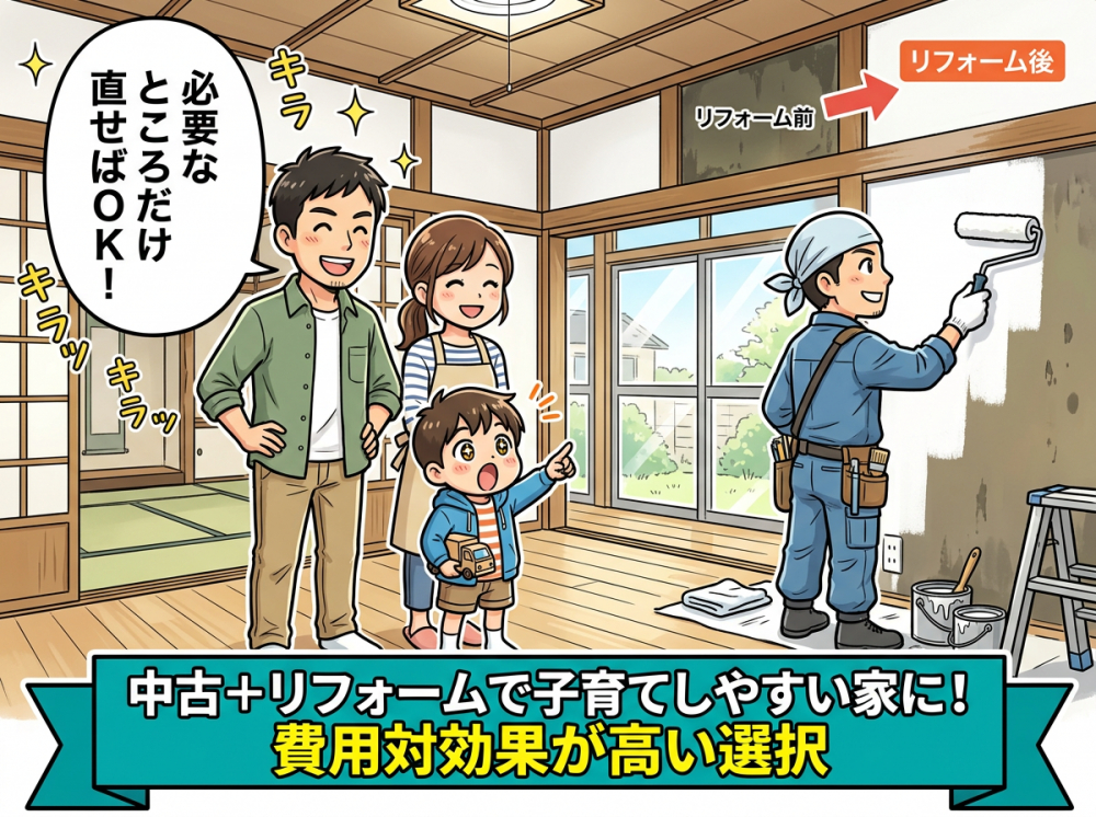 中古住宅をリフォームして子育てしやすい家に整えるイメージ