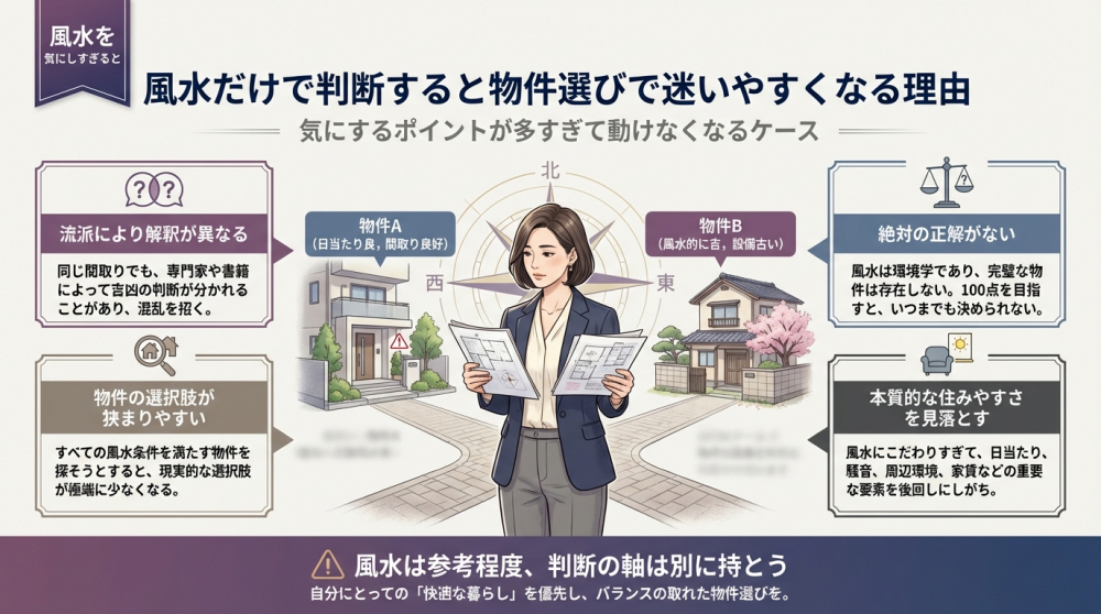 風水を気にしすぎると物件選びで迷いやすいイメージ