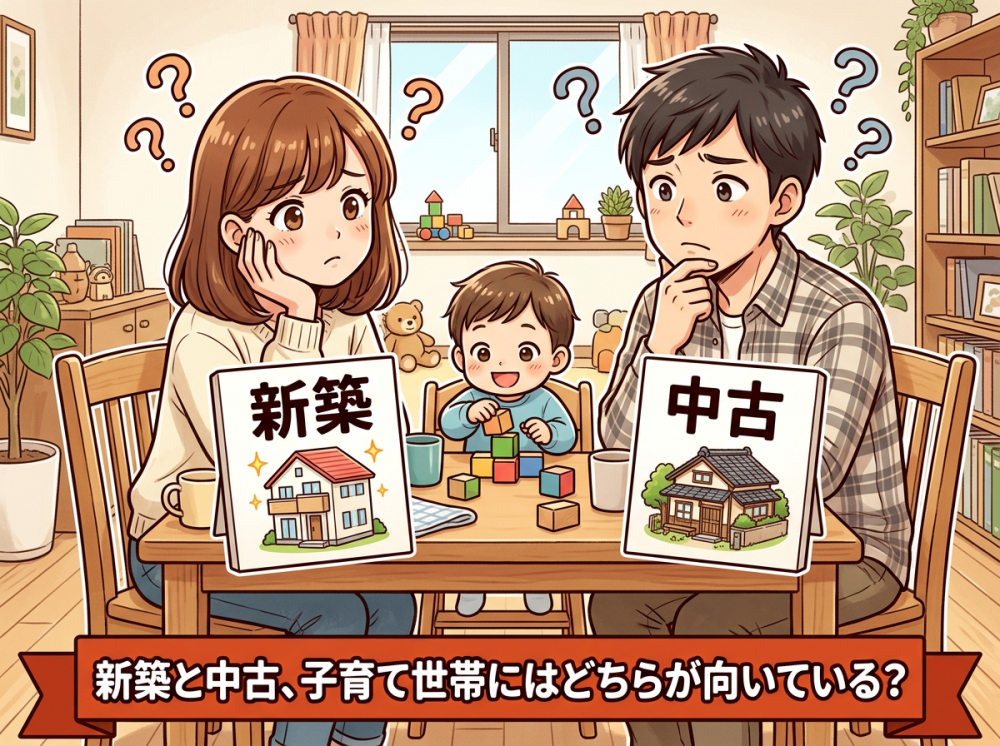 京都市で新築と中古住宅を比較して悩む子育て世帯のイメージ