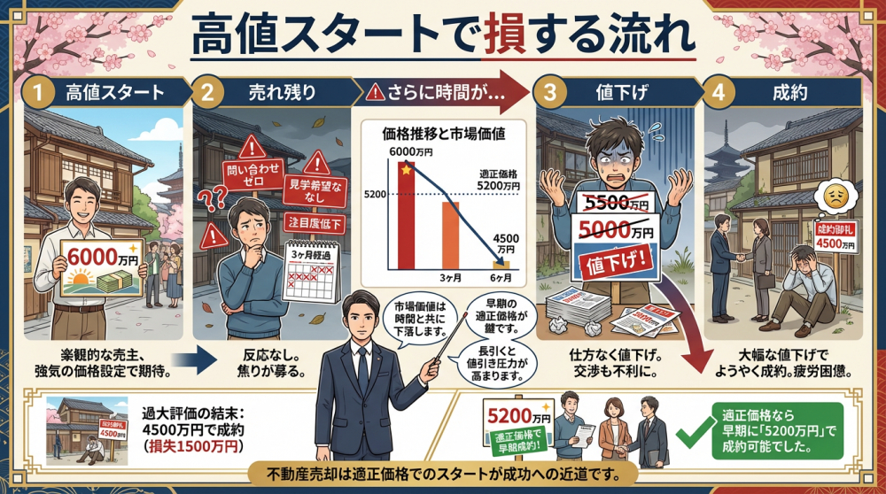 不動産売却で損する流れ：高値スタートで売れ残り→値下げ