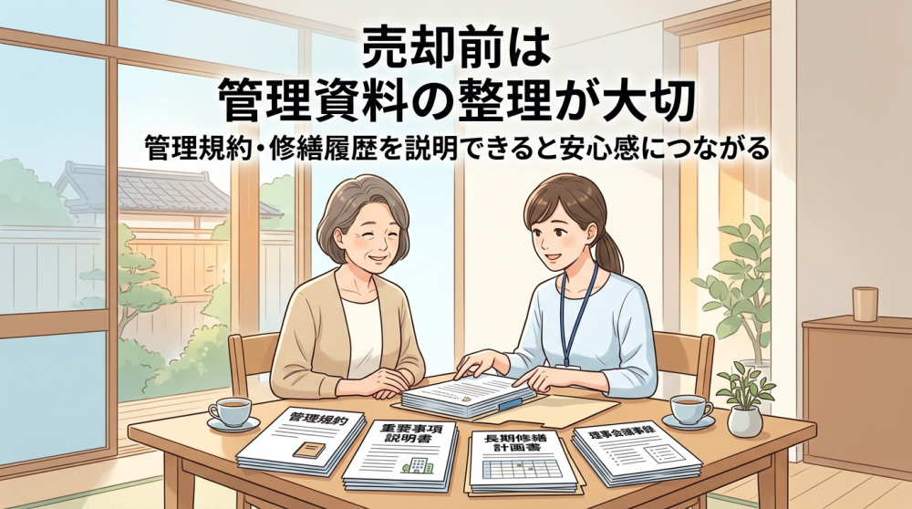 マンション売却前に管理規約や修繕履歴を確認するイメージ