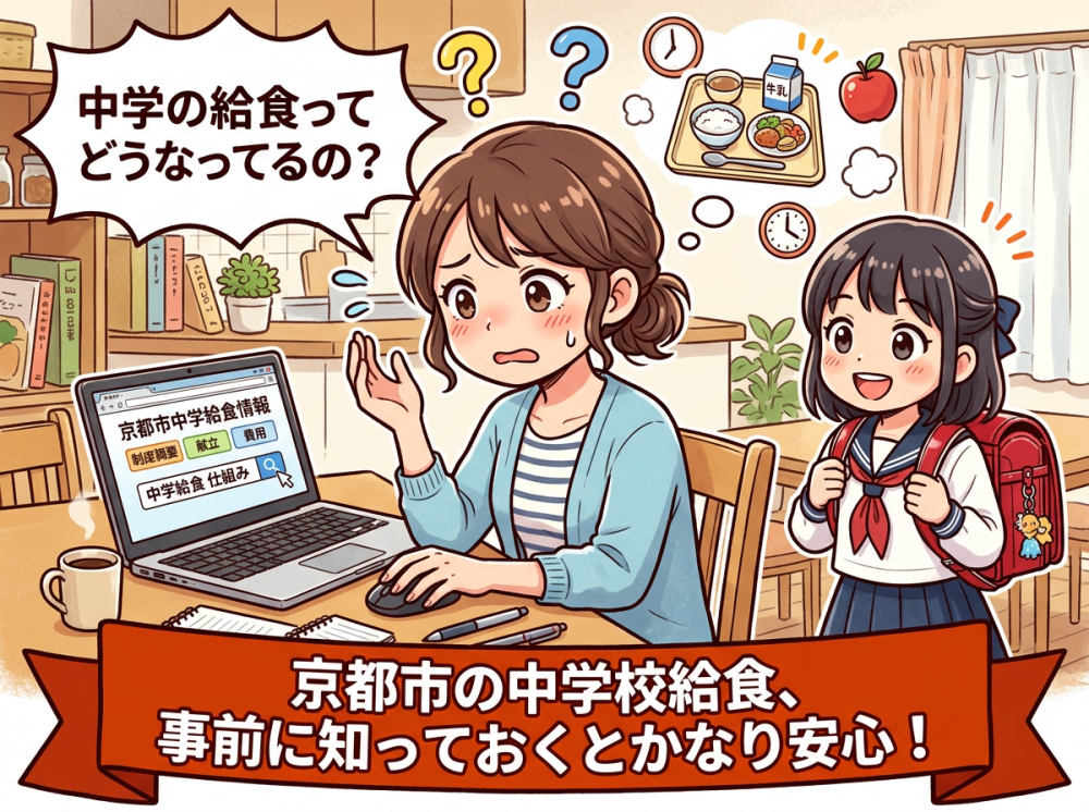 京都市の中学校給食について保護者が情報収集しているイメージ