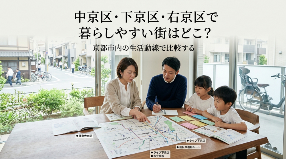 中京区下京区右京区の暮らしやすさを比較するイメージ