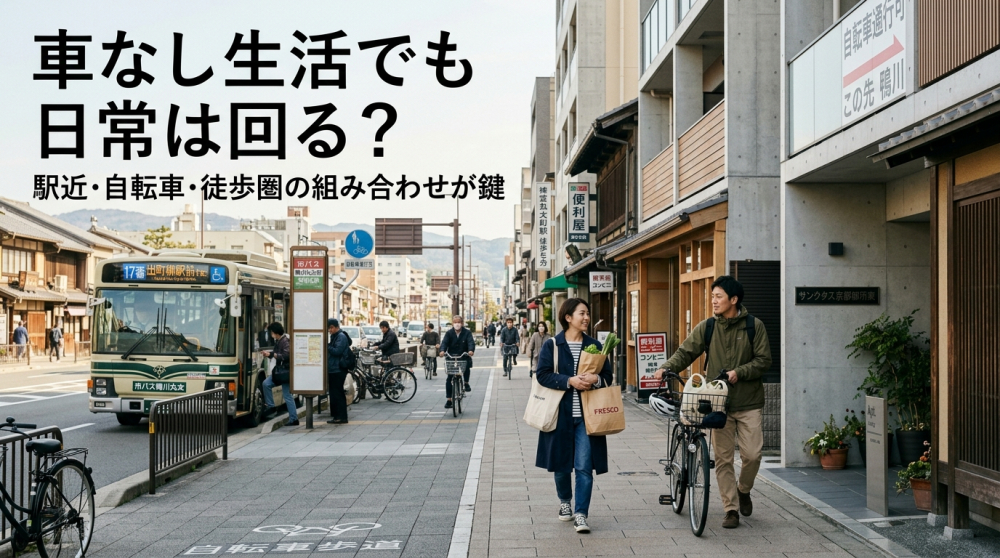 京都の駅近マンションで車なし生活をするイメージ